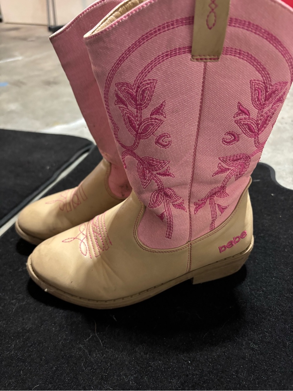 bebe Kids Pink and Tan Embroidered Western Moto Boots